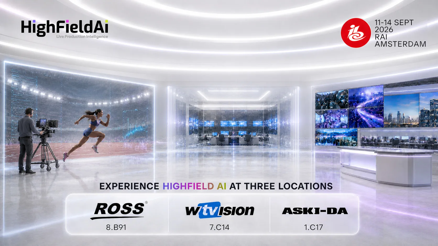IBC2026 key visual: a studio floor and the three partner stand numbers